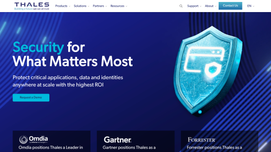 Thales website hero section promoting security for critical applications with a call to action to request a demo
