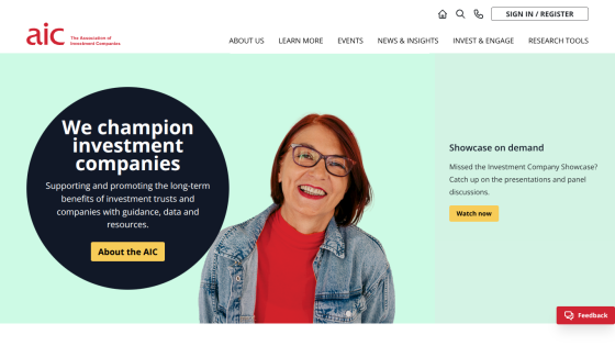 Homepage of the Association of Investment Companies with navigation, mission statement, and showcase on demand section