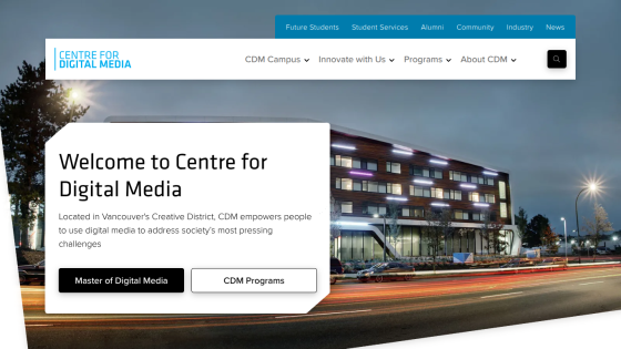 Homepage of Centre for Digital Media with welcome message and program links.