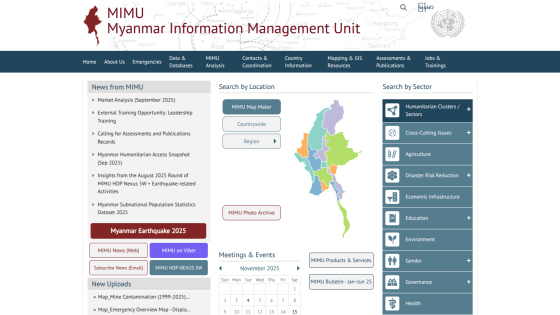Myanmar Information Management Unit website homepage with news, map search, sector search, and events calendar