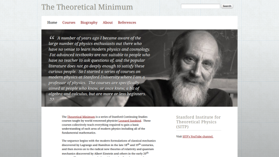 Homepage of 'The Theoretical Minimum' featuring a quote and author image.