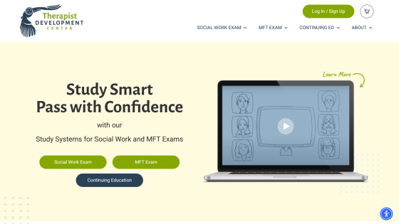 Therapist Development Center homepage offering study systems for Social Work and MFT exams with navigation and call-to-action buttons
