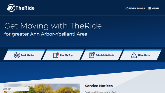 TheRide transit service homepage for Ann Arbor-Ypsilanti with options to track bus, plan trip, view schedule, and rider alerts