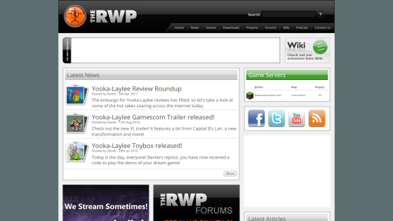 The RWP website homepage with latest news on Yooka-Laylee, game servers info, and social media links