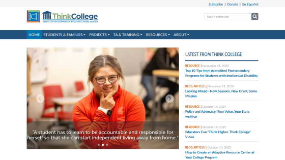 Think College homepage with navigation, search, and featured student quote on independent living