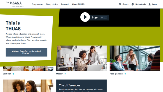 THUAS homepage with education and research focus, open day announcement, and links to Bachelor, Master, and Post-graduate programs