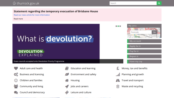 Website explaining devolution with navigation links for various topics like health, education, and economy