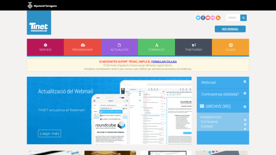 Homepage of Tinet with services, procedures, and contact information displayed.
