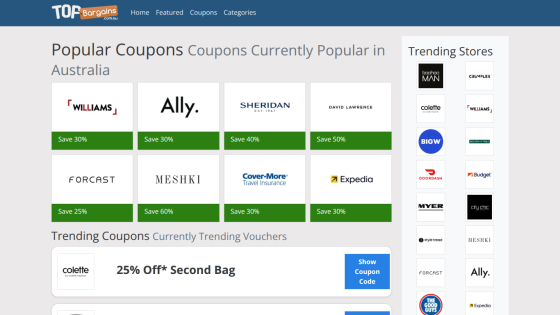 List of popular coupons currently available in Australia with discounts.