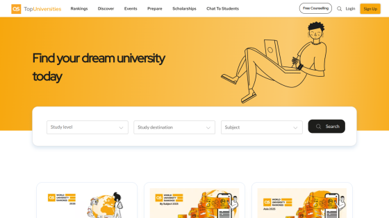 Search interface for finding universities with options for travel level, destination, and subject.