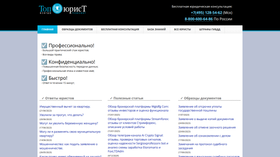 Website header with service features listed: professional, confidential, fast.