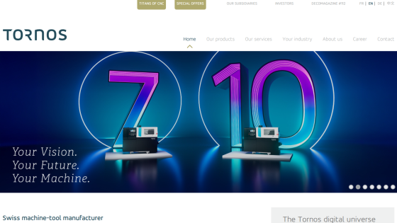 Tornos homepage featuring Swiss machine-tool manufacturer with slogan Your Vision. Your Future. Your Machine.