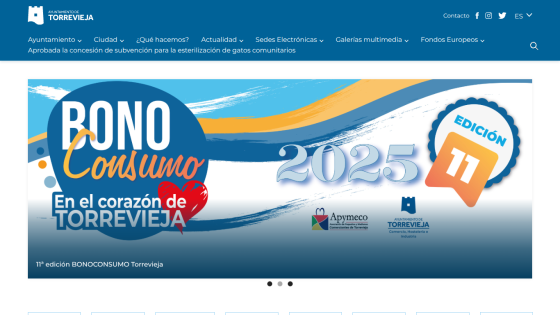 Torrevieja city website with navigation menu and banner for 11th edition BONO Consumo 2025 in the heart of Torrevieja