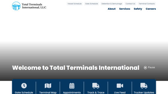Total Terminals International homepage with navigation links and welcome message