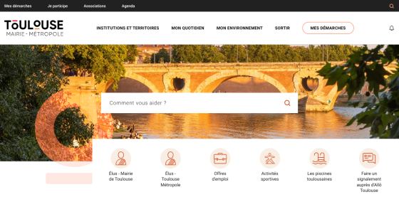 Homepage of Toulouse Metropole featuring a search bar and service icons.