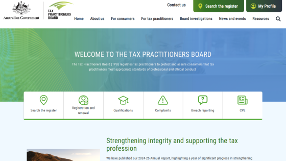 Tax Practitioners Board homepage with welcome message, navigation menu, and key service links