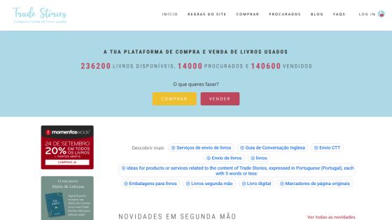 Trade Stories platform for buying and selling used books with stats and buy/sell options