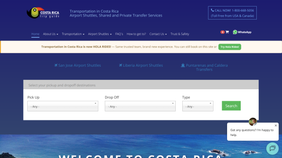 Transportation services in Costa Rica with a search form for airport shuttles.