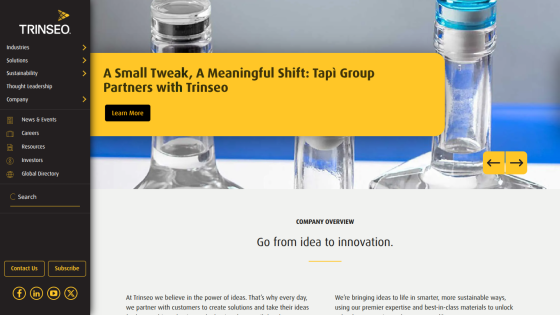 Trinseo homepage with company overview and partnership announcement with Tapi Group