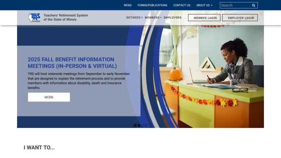Teachers' Retirement System of Illinois homepage with 2025 fall benefit information meetings announcement and login options