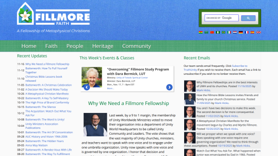 Fillmore Faith website with navigation, recent updates, events, and articles about metaphysical Christianity fellowship