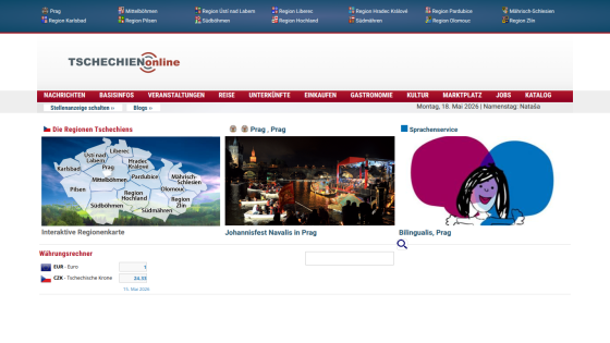 Homepage of Tschechien online featuring regional attractions and a search bar.
