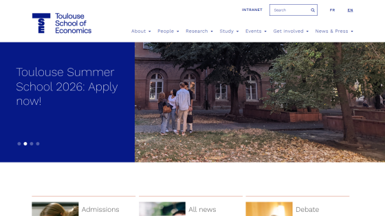 Toulouse School of Economics homepage promoting Summer School 2026 application with navigation menu and search bar