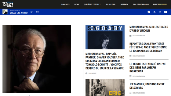 TSF Jazz website with navigation menu, featured jazz articles, and a portrait of an older man in glasses