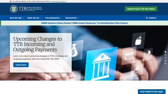 Announcement about changes to TTB incoming and outgoing payments with a call to action.