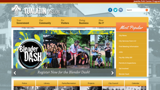 Tualatin city website featuring the Blender Dash event registration and community highlights.