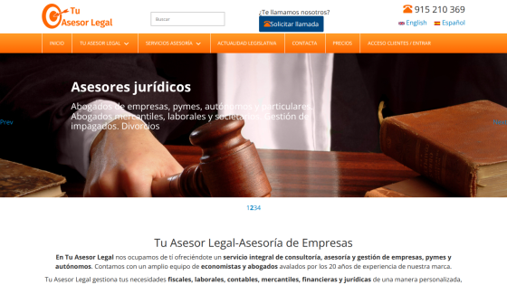 Legal advisory services for businesses, featuring a gavel and contact information.