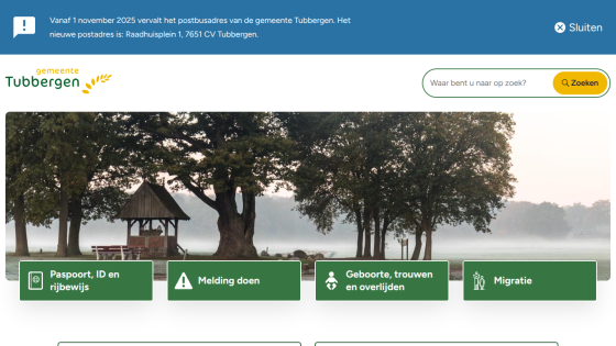 Municipality Tubbergen website with search bar, notification banner, and navigation for passport, notifications, birth, marriage, death, and migration