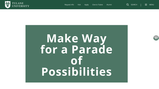 Homepage of Tulane University featuring a headline about a parade of possibilities.