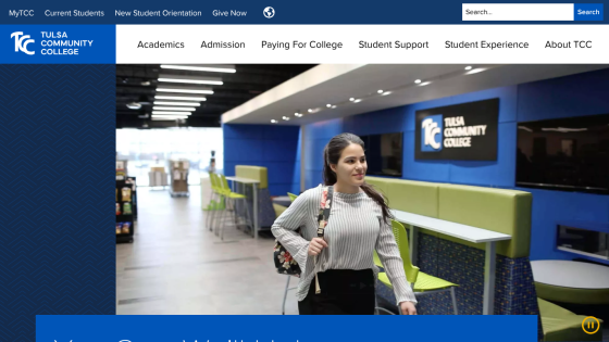 TCC campus interior with a student walking and navigation links at the top.