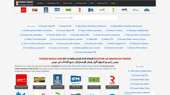 Website for listening to radio stations in Tunisia, featuring various radio logos and links.