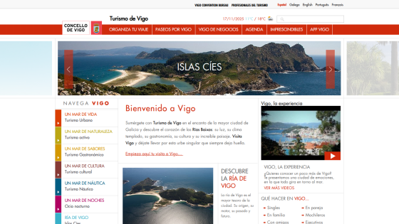 Tourism website for Vigo featuring navigation, weather, hero image of Islas Cíes, and welcome message about the city.