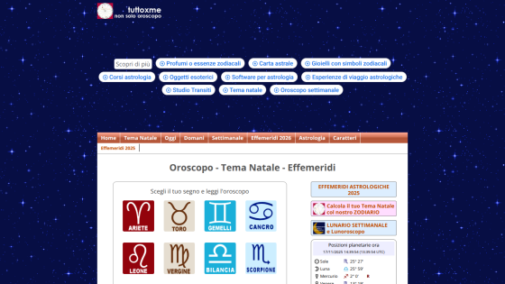 Astrology website homepage with navigation menu and zodiac sign selection for horoscope reading