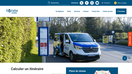Public transport site with navigation menu and a woman boarding a Twisto Flex vehicle at a bus stop