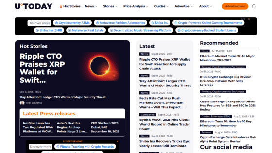 Homepage of U Today featuring news on cryptocurrency and latest updates.