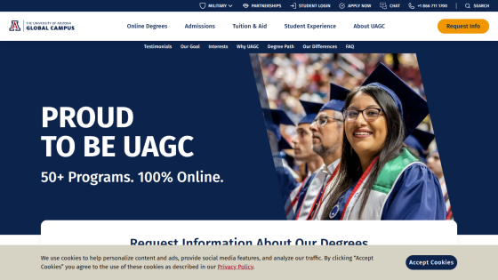 Homepage featuring graduates with text about UAGC programs and online education.