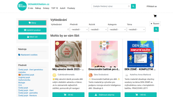 Educational website with navigation, search bar, and featured educational materials including a Christmas diary and emotional intelligence pack.