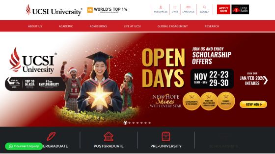 UCSI University homepage promoting open days and scholarship offers with event dates and navigation menu