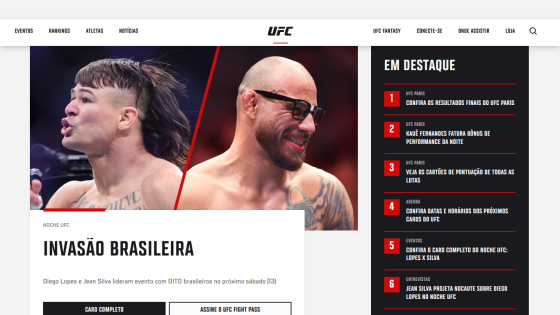 UFC homepage featuring Brazilian invasion news and highlighted events.