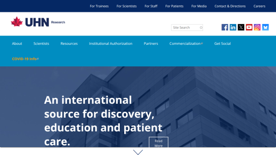 UHN Research homepage with navigation links and headline about discovery, education, and patient care