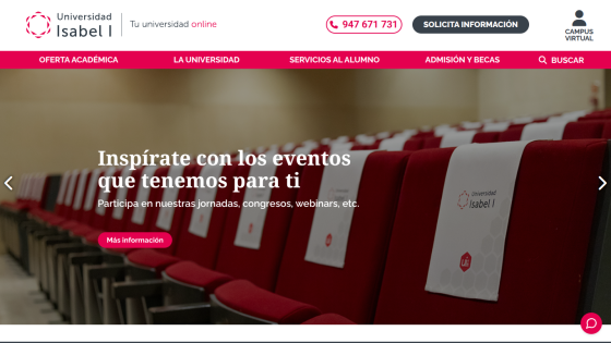 Universidad Isabel I online university homepage with event promotion and navigation menu