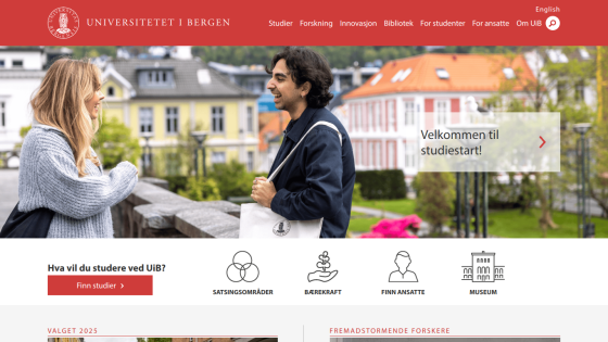 University of Bergen homepage featuring students and navigation options.