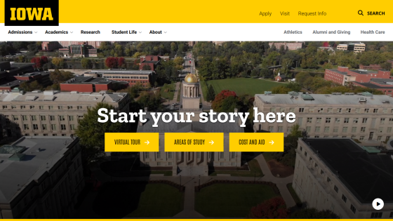University of Iowa homepage featuring a call to action: 'Start your story here.'