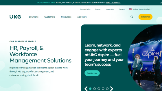 UKG website showcasing HR, payroll, and workforce management solutions with a call to action.