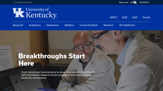 University of Kentucky homepage featuring the tagline 'Breakthroughs Start Here' and images of researchers.