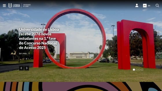 University of Lisbon announcement for new student admissions with a large red sculpture in the background.